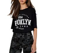 GOSTYLES® Womens Slogan Printed Oversized Baggy Fit Short Sleeves T-Shirt Summer Loose Round Neck Tee Top Ladies Elegant Casual Wear Shirts (Brooklyn Black, L-XL)