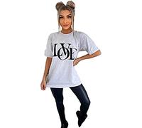GOSTYLES® Womens Slogan Printed Oversized Baggy Fit Short Sleeves T-Shirt Summer Loose Round Neck Tee Top Ladies Elegant Casual Wear Shirts (Love Grey, XXL)