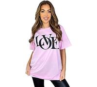 GOSTYLES® Womens Slogan Printed Oversized Baggy Fit Short Sleeves T-Shirt Summer Loose Round Neck Tee Top Ladies Elegant Casual Wear Shirts (Love Pink, 3XL)