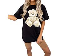 GOSTYLES® Womens Slogan Printed Oversized Baggy Fit Short Sleeves T-Shirt Summer Loose Round Neck Tee Top Ladies Elegant Casual Wear Shirts (Teddy Bear Black, L-XL)