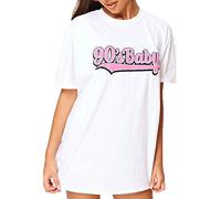 GOSTYLES® Womens Slogan Printed Oversized Baggy Fit Short Sleeves T-Shirt Summer Loose Round Neck Tee Top Ladies Elegant Casual Wear Shirts (90's Baby White, M-L)