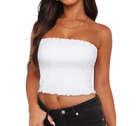 GOSTYLES® Womens Summer Pleated Strapless Bandeau Crop Tops, Ladies Slim Fit Backless Sleeveless Beach Club, Party Wear Shirt (White, M)