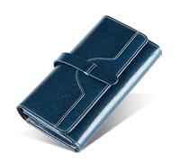 Gosyfeti FRID Women's Wallet Genuine Leather, Large Capacity Bifold Ladies Purse Female Long Purse, Retro Lady Clutch Cards Holder, Birthday Gift (Blue)
