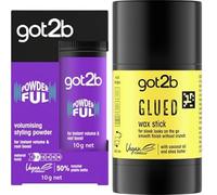 got2b Glued Wax Stick 50g, for Sleek Hair Styling Looks on the Go, Smooth Hair Finish, Long Lasting and got2b POWDERful Volumising Styling Powder 10 g, Natural Hold, Instant Volume from the Roots