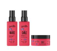 Got2b gotWAVEZ Hydrating Beach Waves Spray 150 ml, Sea-Swept Beach Waves + gotcurlz Define & Protect Curl Spray 150 ml, Defines Curls + got2b gotcurlz Coil Refresher Cream 200 ml, Care Cream