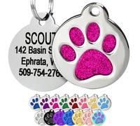 GoTags Paw Print Round Stainless Steel Pet Tag for Dogs and Cats, Personalised with 4 Lines of Custom Engraved ID Name and Number, in Stainless Steel and 15 Colors Small and Large, Glitter Pink