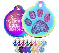 GoTags Paw Print Round Stainless Steel Pet Tag for Dogs and Cats, Personalised with 4 Lines of Custom Engraved ID Name and Number, in Stainless Steel and 15 Colors Small and Large, Rainbow