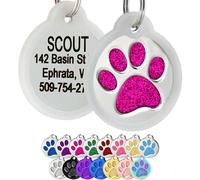 GoTags Paw Print Round Stainless Steel Pet Tag for Dogs and Cats, Personalised with 4 Lines of Custom Engraved ID with Silencer, in Stainless Steel and 15 Colors Small and Large, Glitter Pink