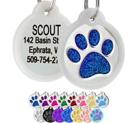 GoTags Paw Print Round Stainless Steel Pet Tag for Dogs and Cats, Personalised with 4 Lines of Custom Engraved ID with Silencer, in Stainless Steel and 15 Colors Small and Large, Glitter Blue
