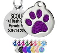 GoTags Paw Print Round Stainless Steel Pet Tag for Dogs and Cats, Personalised with 4 Lines of Custom Engraved ID Name and Number, in Stainless Steel and 15 Colors Small and Large, Glitter Purple