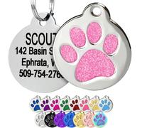 GoTags Paw Print Round Stainless Steel Pet Tag for Dogs and Cats, Personalised with 4 Lines of Custom Engraved ID Name and Number, in Stainless Steel and 15 Colors Small and Large, Glitter Light Pink