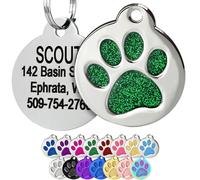 GoTags Paw Print Round Stainless Steel Pet Tag for Dogs and Cats, Personalised with 4 Lines of Custom Engraved ID Name and Number, in Stainless Steel and 15 Colors Small and Large, Glitter Green