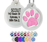 GoTags Paw Print Round Stainless Steel Pet Tag for Dogs and Cats, Personalised with 4 Lines of Custom Engraved ID Name and Number, in Stainless Steel and 15 Colors Small and Large, Glitter Light Pink