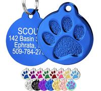 GoTags Paw Print Round Stainless Steel Pet Tag for Dogs and Cats, Personalised with 4 Lines of Custom Engraved ID Name and Number, in Stainless Steel and 15 Colors Small and Large, Blue