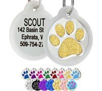 GoTags Paw Print Round Stainless Steel Pet Tag for Dogs and Cats, Personalised with 4 Lines of Custom Engraved ID Name and Number, in Stainless Steel and 15 Colors Small and Large, Glitter Gold