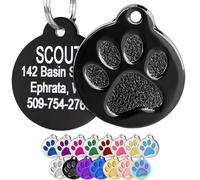 GoTags Paw Print Round Stainless Steel Pet Tag for Dogs and Cats, Personalised with 4 Lines of Custom Engraved ID Name and Number, in Stainless Steel and 15 Colors Small and Large, Black