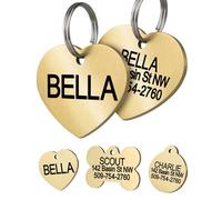 GoTags Personalised Pet ID Tags, Solid Brass Dog Tags and Cat Tags, up to 6 Lines of Custom Text, Engraved on Both Sides, Bone, Round, and Heart Shapes (Heart, Small)