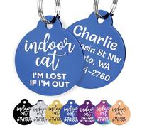GoTags Personalized Small Indoor Cat Tag - Engraved with 4 Lines of Custom ID, Blue Stainless Steel Round Pet ID Tag