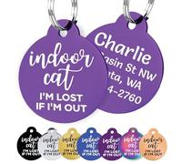 GoTags Personalized Small Indoor Cat Tag - Engraved with 4 Lines of Custom ID, Purple Stainless Steel Round Pet ID Tag