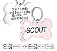 GoTags Stainless Steel Pet ID Bone Shaped Tags with Enamel Paw Design, Personalised Dog and Cat Tags, Up to 5 Lines of Custom Text, Engraved on Both Sides (Rose, Regular)
