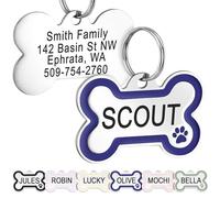 GoTags Stainless Steel Pet ID Bone Shaped Tags with Enamel Paw Design, Personalised Dog and Cat Tags, up to 5 Lines of Custom Text, Engraved on Both Sides (Navy Blue, Regular)