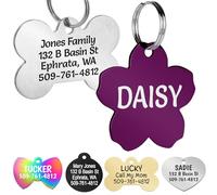 GoTags Stainless Steel Pet ID Tags, Personalised Engraved Dog and Cat Tags, up to 8 Lines of Custom Text on Both Sides, in Bone, Round, Heart, Bowtie and More (Flower, Small)