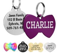 GoTags Stainless Steel Pet ID Tags, Personalised Engraved Dog and Cat Tags, up to 8 Lines of Custom Text on Both Sides, in Bone, Round, Heart, Bowtie and More (Bowtie, Regular)