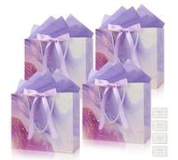 GOTDYBST 4 PCS Gift Bags: 25x20x12cm Paper Presents Bags Medium, with Tissue Paper Greeting Cards and Bow Ribbon, for Women Birthday, Party, Christmas, Wedding, Teacher’s Day(Golden Purple)