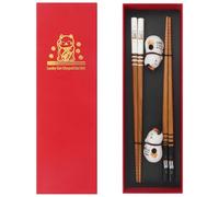 GOTDYBST Japanese Natural Bamboo Chopsticks: 2 Pairs Chopstick with 2 Ceramic Cat Chopstick Rest, Reusable, Gift Box Packaging, for Asian Dishes Sushi Rice Noodles
