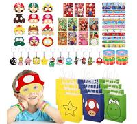 GOTFUN 72Pcs Ma-rio Party Bag Fillers, Ma-rio Party Favours Supplies, Super Bro Theme Party Supplies with Ma-rio Party Bags Ma-rio Mask Keychain DIY Stickers Wristband, Perfect for Kids Birthday Party