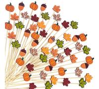 GotGala 100 Pcs Fall Cocktail Picks Pumpkin Maple Leaf Bamboo ToothPicks Appetizer Bamboo Toothpicks for Thanksgiving Seasonal Autumn Holiday Home Party Cake Food Decoration