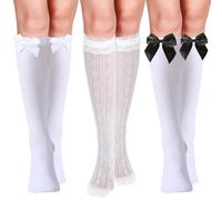 GotGala 3 Pairs Oktoberfest Socks for Women Bows Lace Trim Knee High White Stockings Oktoberfest German Dirndl Sock for Women Lolita Outfit Costume