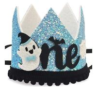 GotGala Halloween Spooky One Birthday Crown Blue Ghost 1st Birthday Hat First Birthday Party Headband 1st Birthday Decoration for Boys (Blue, One Size)