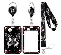 Goth Black Retractable Key Holder Lanyard ID Card Cool Moon Skull Badge Holder with Reel Clip, Sliding Card Badge Cover for Work Name Tag