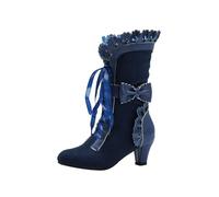 Goth Boots Women Comfortable Wide Fit Mid Calf Booties Bow Ruffles Lace Up Vintage Cuban Heel Cute Biker Boots Outdoor Fall Winter