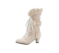Goth Boots Women Comfortable Wide Fit Mid Calf Booties Bow Ruffles Lace Up Vintage Cuban Heel Cute Biker Boots Outdoor Fall Winter