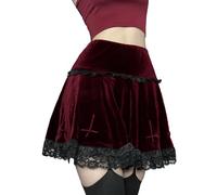 Goth Cross Embroidered red Skirt Gothic Vintage Lace Velvet Emo Alt Skirt Fairy Grunge High Waist A Line lace Mini Skirts M