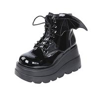 Goth Dark Bat Wing Ankle Boots for Women Chunky Sassy Wedge Platform Boot Round Toe Lace up High Heel Women Boot Punk Rave Low-Barrel Patent Leather Shiny Black Sales Clearance