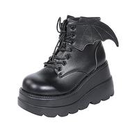 Goth Dark Bat Wing Ankle Boots for Women UK Chunky Sassy Wedge Platform Boot Round Toe Lace up High Heel Women Boot Punk Rave Low-Barrel Patent Leather Shiny Black