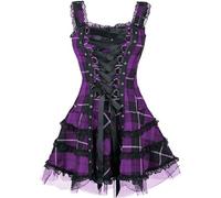 Goth Dark Plaid Bandage Gothic Women A-line Dresses Aesthetic Lace Trim Patchwork Mini Dress Punk Bodycon Partywear-purple-M