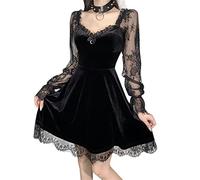Goth Dress for Women Velvet Lace Long Sleeve Dress Sheer Mesh Lace Sleeves Black V Neck Backless Gothic, Black Velvet Lace Long Sleeve Dress, XL