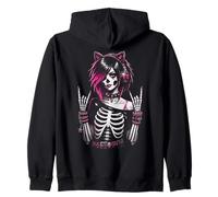 Goth Girl Cat Ears Gamer Emo Punk Skeleton Y2K Style Zip Hoodie