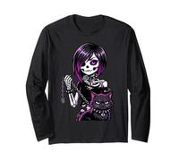 Goth Girl with Cat Emo Girl Cat Lover Punk Skeleton Gothic Long Sleeve T-Shirt