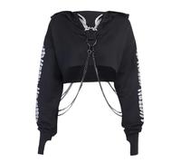 Goth Grunge Punk with Chain Black Hoodies Goth Streetwear Long Sleeve Hole Pullover Cropped Tops Streetwear E Girl Sweatshirt