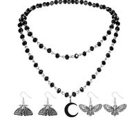 Goth Jewellery Set, Gothic Jewellery, 3-Piece Gothic Fashion Jewellery, Silver Moth Head Earrings and Moon Necklace, Ideal for Punk Style and Alternative Fashion, Christmas Jewellery Gift for Women