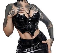 Goth Leather Tops for Women Black Bustier Top Gothic Cami Bra Halter Summer Bralette Crop Top V Neck, Goth Leather Tops for Women, M