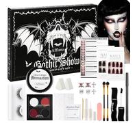 Goth Makeup Kit - Complete Gothic Make up Set for Vampire, Witch, Clown, Emo, Grunge, Theater, Halloween SFX with White Foundation, Red Eyeshadow Palette, Black Lipstick, Eyelashes, Eyeliner, Nails