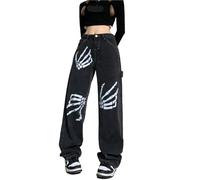 Goth Pants E Girl Y2k Skeleton Hands Print Women Oversize Fashion Punk Denim Trousers Streetwear Hip Hop High Gothic Jeans,black,S