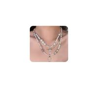 Goth Pearl Cross Necklaces for Women,Retro Silver Crystal Crucifix Pendant Choker Necklace,Chunky Pearl Beaded Stackable Necklaces Baptism Gifts, L, Alloy Steel, No Gemstone