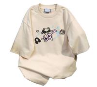 Goth Punk Oversized Tshirts Cute Kawaii Cat Print Baggy Shirts Summer Harajuku Vintage Y2K Tees Top Clothes, Beige, Medium